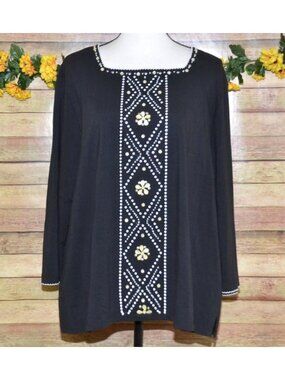 Alfred Dunner Ladies 1X Black Knit Top Scalloped Edge Beaded Floral 3/4 Sleeve